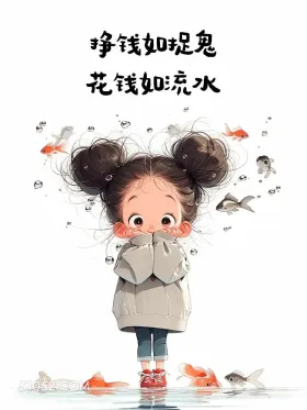 挣钱如捉鬼 花钱如流 搞笑 语录 插画 小女孩