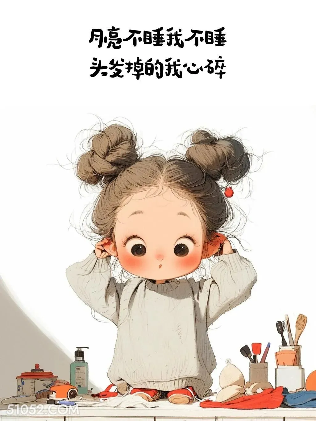 月亮不睡我不睡 头发 搞笑 语录 插画 小女孩