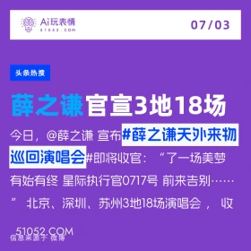 2024年7月3日 新闻 头条热搜 A玩表情 07/03 51052.C0M 头条热搜 薛之谦官宣3地18场 今日，@薛之谦 宣布#薛之谦天外来物 巡回演唱会 #即将收官：“了一场美梦 有始有终！ 星际执行官0717号前来告别…· 北京、深圳、苏州3地18场演唱会，收 信息来源于微博