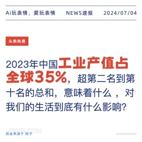 2024年7月4日 新闻 头条热搜 Ai玩表情，爱玩表情 NEWS速报 2024/07/04 头条热搜 2023年中国工业产值占 全球35%， 超第二名到第 十名的总和，意味着什么，对 我们的生活到底有什么影响？ 信息来源于知乎 ////////////