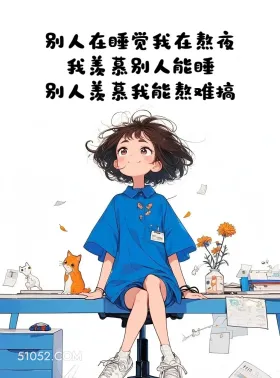 熬夜这样发颠死朋友圈 熬夜 小女孩 搞笑文案 蓝色衣服