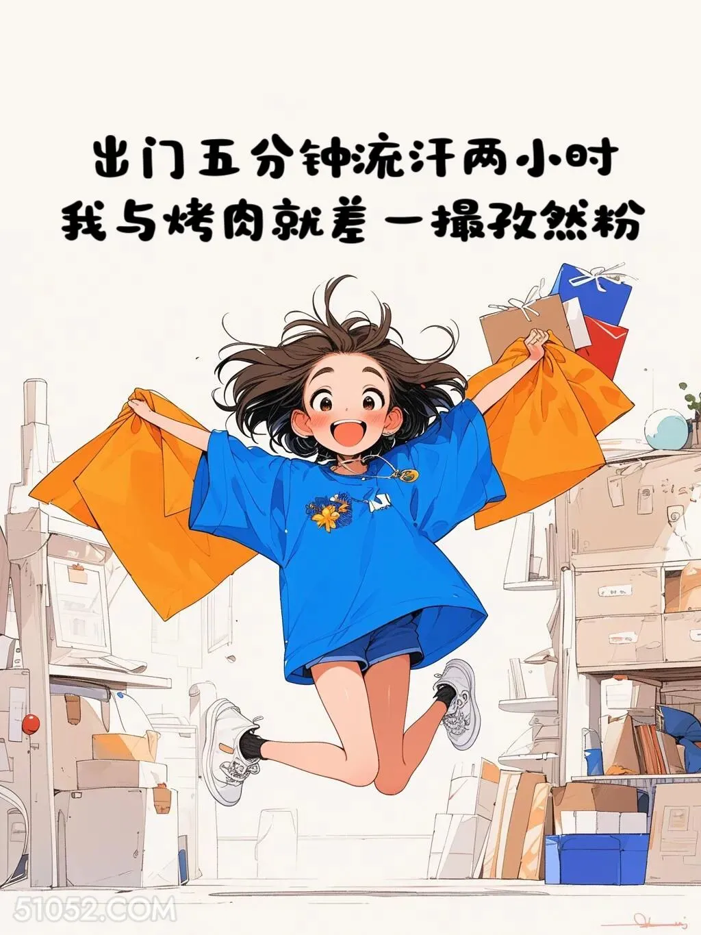 出门5分钟流汗2小时 小女孩 蓝色衣服 太热了 搞笑文案 发朋友圈