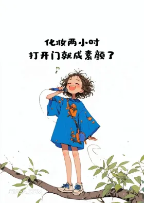 化妆2小时开门成素颜 小女孩 蓝色衣服 太热了 搞笑文案 发朋友圈