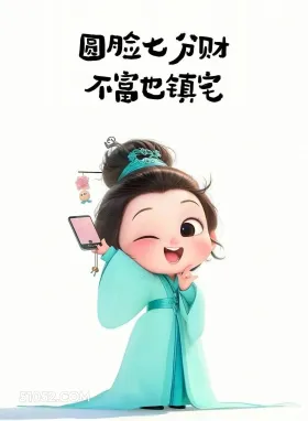 小女孩 中国风 幽默 搞笑文案 圆脸七分财 不富也镇宅