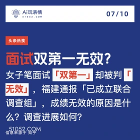 2024年7月10日 新闻 头条热搜 A玩表情 07/10 51052.C0M 头条热搜 面试双第一无效？ 女子笔面试 「双第一」 却被判 无效」，福建通报 「已成立联合 调查组」，成绩无效的原因是什 么？调查进展如何？ 信息来源于知乎