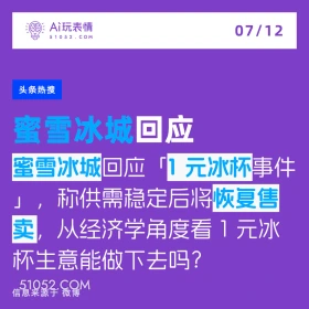 2024年7月12日 新闻 头条热搜 A玩表情 07/12 51052.C0M 头条热搜 蜜雪冰城回应 蜜雪冰城回应 「1元冰杯事件 称供需稳定后将恢夏售 卖，！ 从经济学角度看1元冰 杯生意能做下去吗？ 信息来源于微博