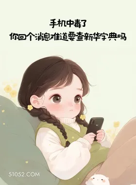 小女孩 不回消息 搞笑文案 手机中毒了 你回个消媳难道要查新华字典吗