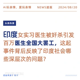 新闻 头条热搜 2024年8月20日 甲辰年壬申月丙辰日 Ai玩表情，爱玩表情 NEWS速报 2024/08/20 头条热搜 印度女实习医生被奸杀引发 百万医生全国大罢工，这起 事件背后反映了印度社会哪 些深层次的问题？ 信息来源于知乎 ////////////