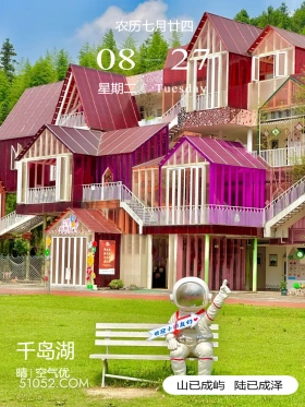 杭州市 千岛湖 风景 2024年8月27日 甲辰年壬申月癸亥日 农历七月甘四 081 271 星期 W Fuesday 人人人人人 官梦 VVD 2 学恩想 强性 CCA A 4一 欢迎小用友们 千岛湖 晴空气优 山已成屿陆已成泽