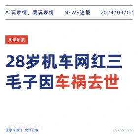 新闻 头条热搜 2024年9月2日 甲辰年壬申月己巳日 Ai玩表情，爱玩表情 NEWS速报 2024/09/02 头条热搜 28岁机车网红三 毛子因车祸去世 信息来源于虎扑社区 ////////////