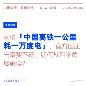 中国高铁一公里耗一万度电? 新闻 头条热搜 2024年9月6日 甲辰年壬申月癸酉日