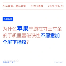 新闻 头条热搜 2024年9月23日 甲辰年癸酉月庚寅日 Ai玩表情，爱玩表情 NEWS速报 2024/09/23 头条热搜 为什么苹果宁愿在寸土寸金 的手机里塞磁铁也不愿意加 个屏下指纹？ 信息来源于知乎 ////////////