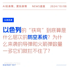 新闻 头条热搜 2024年10月8日 甲辰年甲戌月乙巳日 Ai玩表情，爱玩表情 NEWS速报 2024/10/08 头条热搜 以色列的“铁穹”到底算是 什么层次的防空系统？为什 么来袭的导弹和火箭弹数量 一多它们就拦不住了？ 信息来源于知乎 ////////////