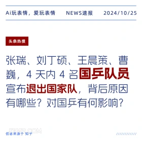 2024年10月25日 新闻 头条热搜 Ai玩表情，爱玩表情 NEWS速报 2024/10/25 头条热搜 张瑞、刘丁硕、王晨策、曹 巍，4天内4名国乒队员 宣布退出国家队，背后原因 有哪些？对国乒有何影响？ 信息来源于知乎 ////////////