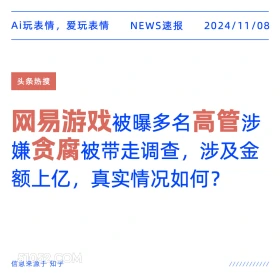 2024年11月08日 头条热搜 头条新闻 Ai玩表情，爱玩表情 NEWS速报 2024/11/08 头条热搜 网易游戏被曝多名高管涉 嫌贪腐被带走调查，涉及金 额上亿，真实情况如何？ 信息来源于知乎 ////////////