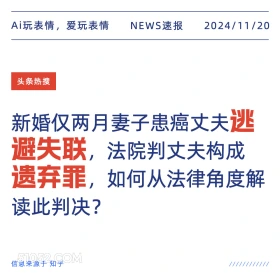 2024年11月20日 头条热搜 头条新闻 Ai玩表情，爱玩表情 NEWS速报 2024/11/20 头条热搜 新婚仅两月妻子患癌丈夫逃 避失联，法院判丈夫构成 遗弃罪， 如何从法律角度解 读此判决？ 信息来源于知乎 ////////////