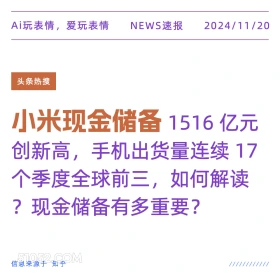 2024年11月20日 头条热搜 头条新闻 Ai玩表情，爱玩表情 NEWS速报 2024/11/20 头条热搜 小米现金储备 1516亿元 创新高，手机出货量连续17 个季度全球前三，如何解读 ?现金储备有多重要？ 信息来源于知乎 ////////////