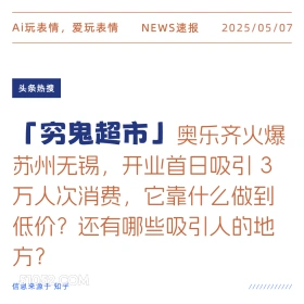2025年05月07日 新闻 头条热搜 Ai玩表情，爱玩表情 NEWS速报 2025/05/07 头条热搜 「穷鬼超市」奥乐齐火爆 苏州无锡，开业首日吸引3 万人次消费，它靠什么做到 低价？还有哪些吸引人的地 方？ 信息来源于知乎 ////////////