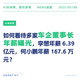 2025年05月08日 新闻 头条热搜 Ai玩表情，爱玩表情 NEWS速报 2025/05/08 头条热搜 如何看待多家车企董事长 年薪曝光，李想年薪6.39 亿元，何小鹏年薪167.6万 元？ 信息来源于知乎 ////////////