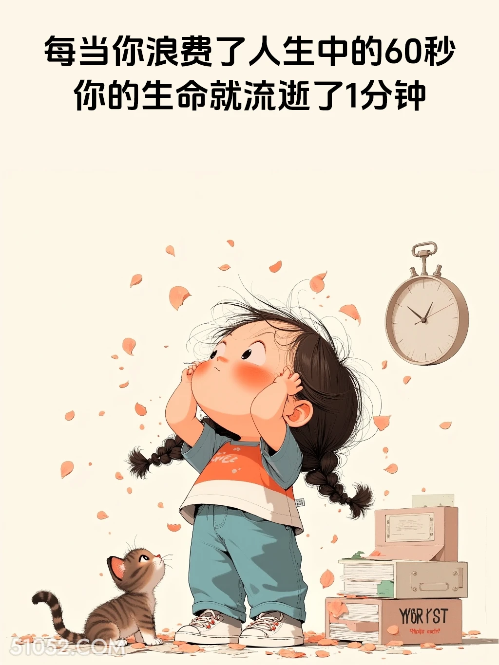 每浪费60秒就流逝1分钟 小女孩 废话文学 搞笑文案
