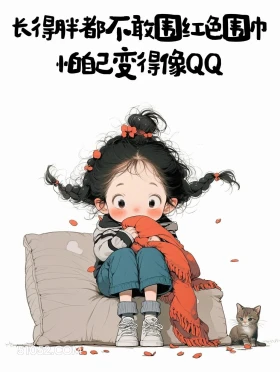 胖的不敢围红色围巾 小女孩 有趣表情包 搞笑文案