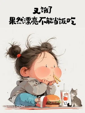 又饿了，果然漂亮不能当饭吃 小女孩 发朋友圈 搞笑文案