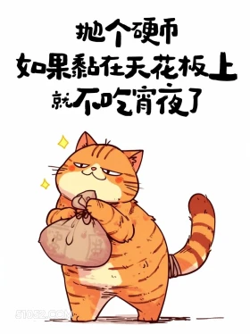 抛硬币如果黏在天花板上就不吃宵夜了 猫猫 发朋友圈 搞笑文案