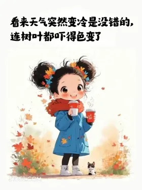 天突然变冷，连树叶都吓变色了 小女孩 降温了 发朋友圈 搞笑文案