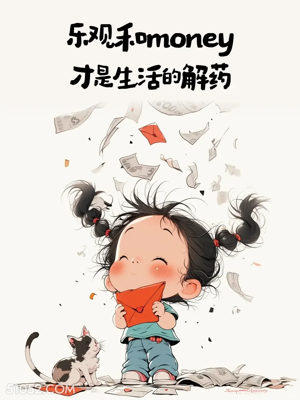 乐观和钱是生活的解药 小女孩 微信置顶 发朋友圈